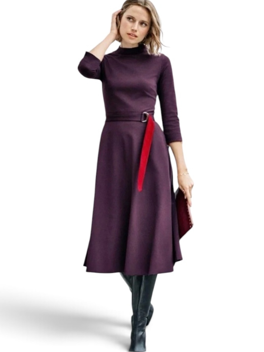 Boden Plum Midi Dress with Red Belt